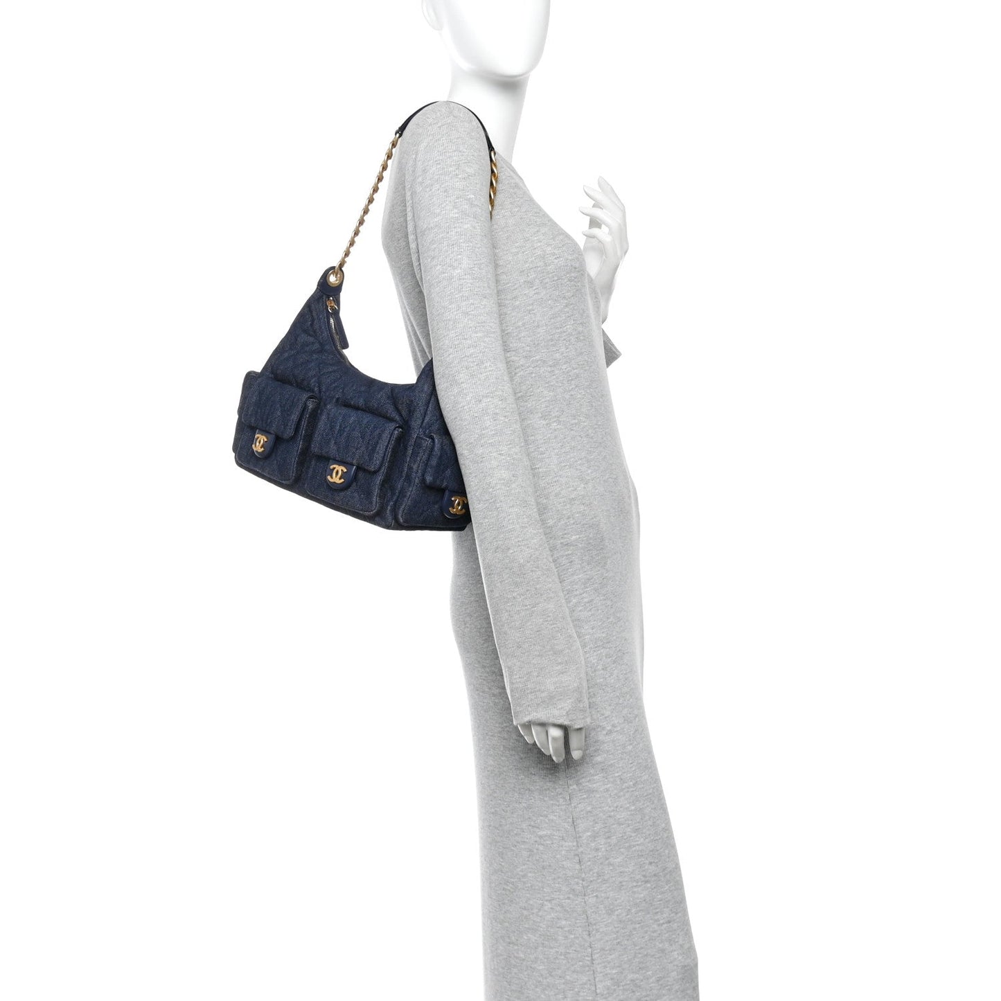 Washed Denim Quilted Cargo Large Hobo Dark Blue