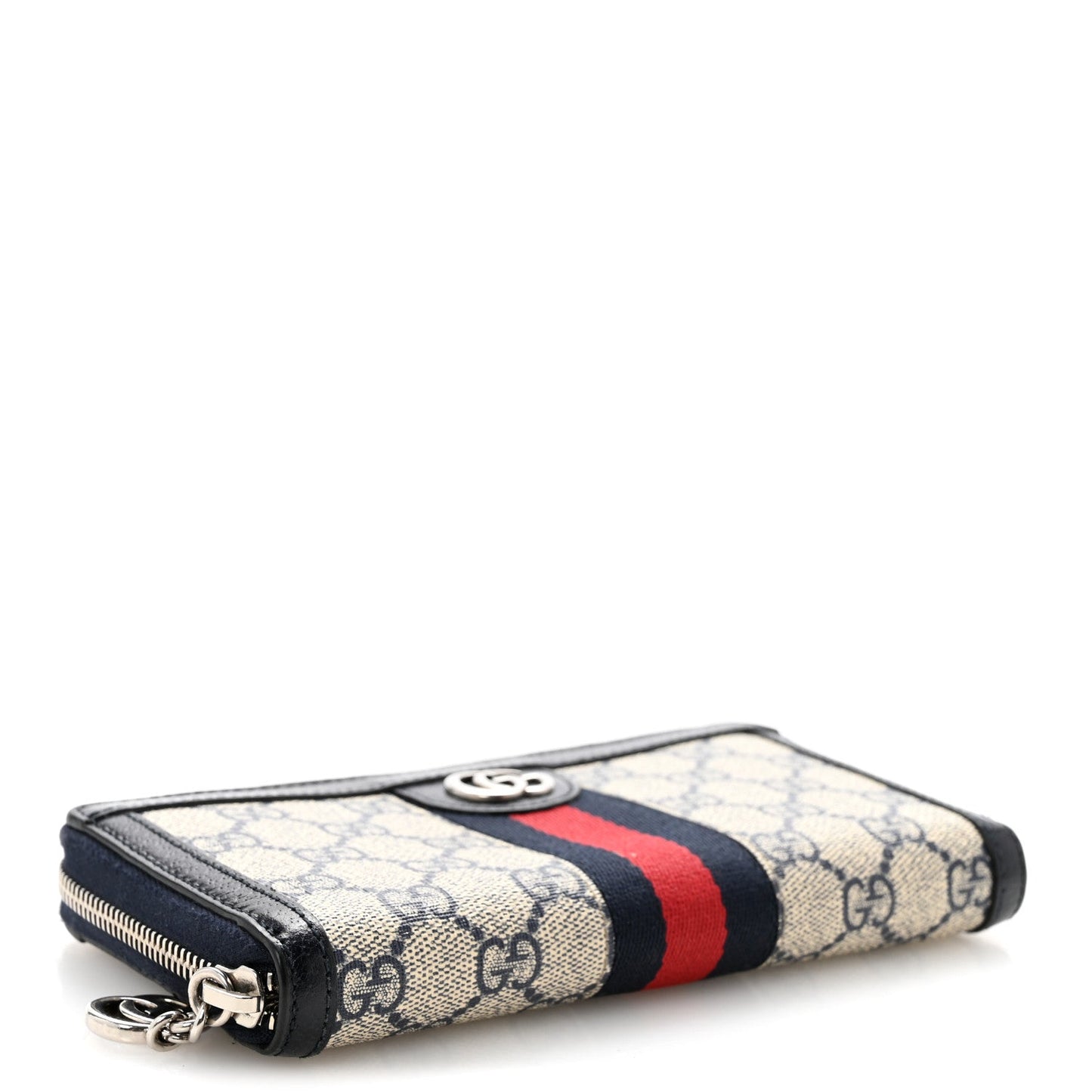 GG Supreme Monogram Textured Dollar Calfskin Web Ophidia Zip Around Wallet Beige Blue