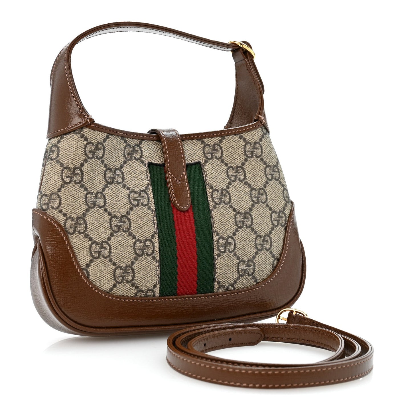 GG Supreme Monogram Azalea Calfskin Web Mini Jackie 1961 Hobo Beige Ebony Brown Sugar