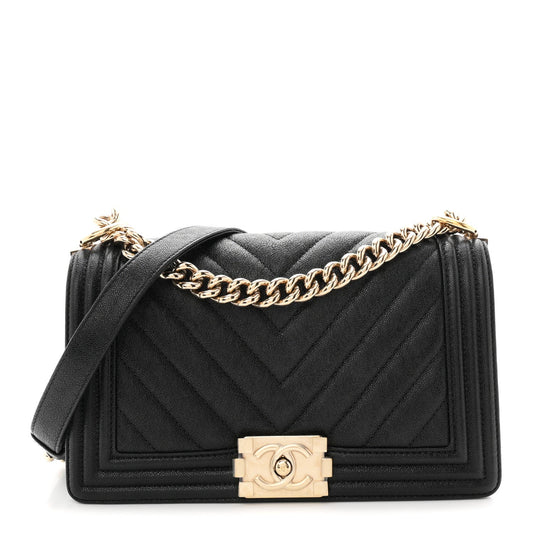 Iridescent Caviar Chevron Quilted Medium Boy Flap Black