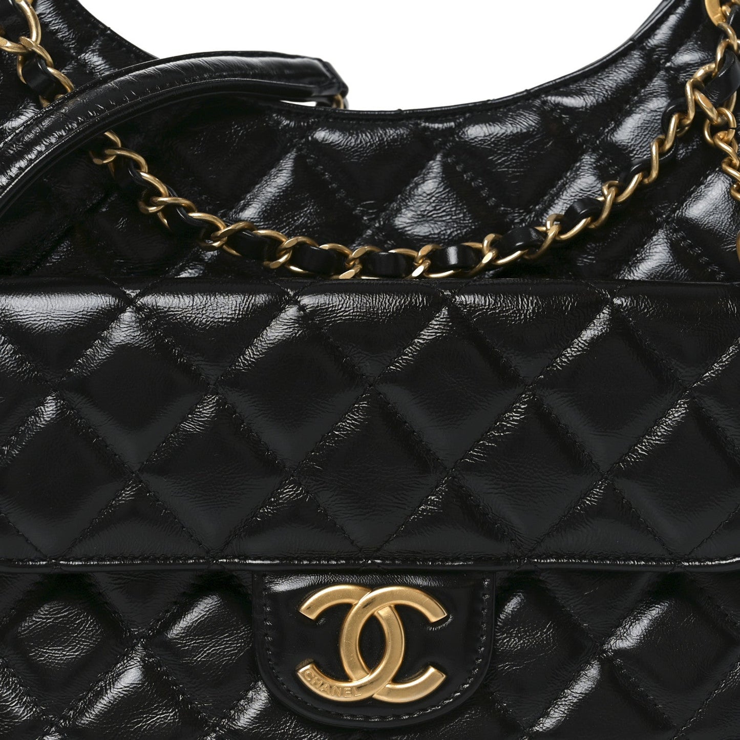 Shiny Crumpled Calfskin Quilted Wavy CC Hobo Black