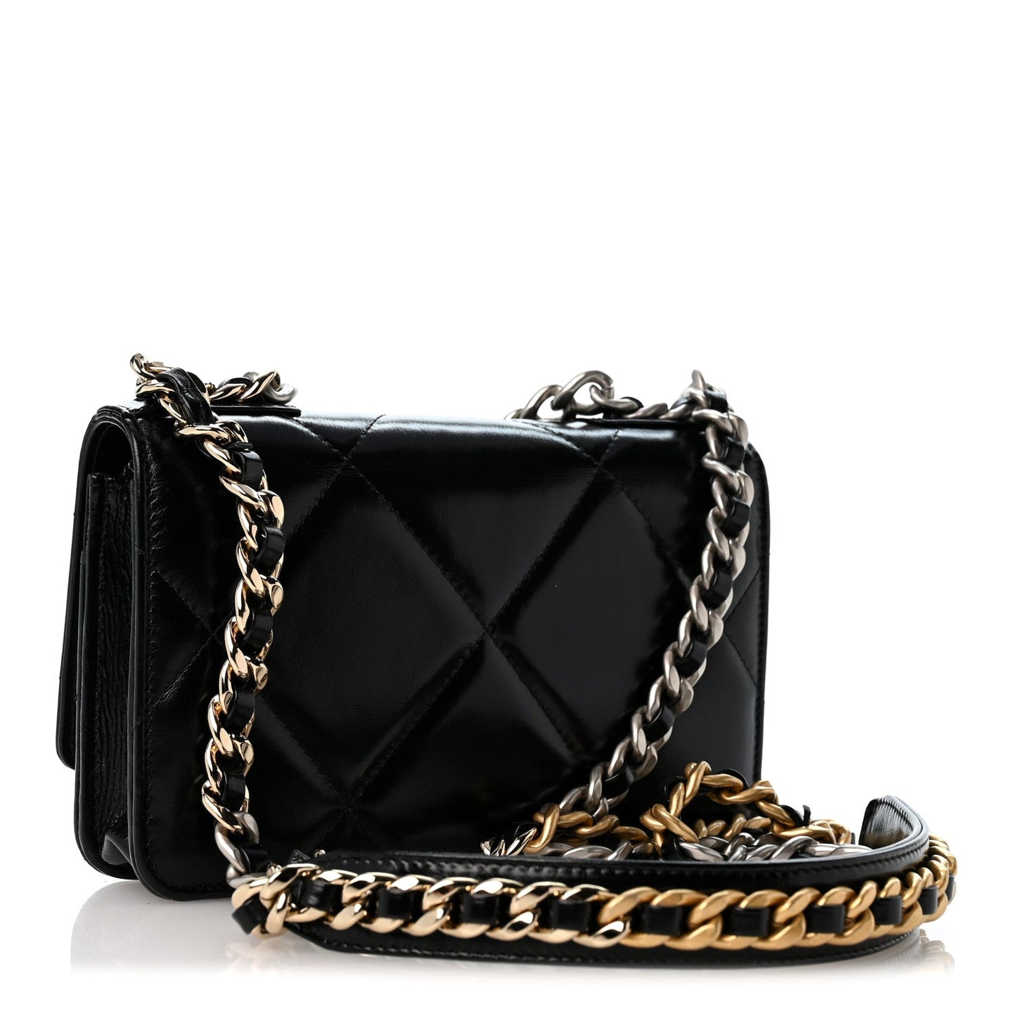 Shiny Crumpled Calfskin Quilted Chanel 19 Wallet On Chain WOC Black