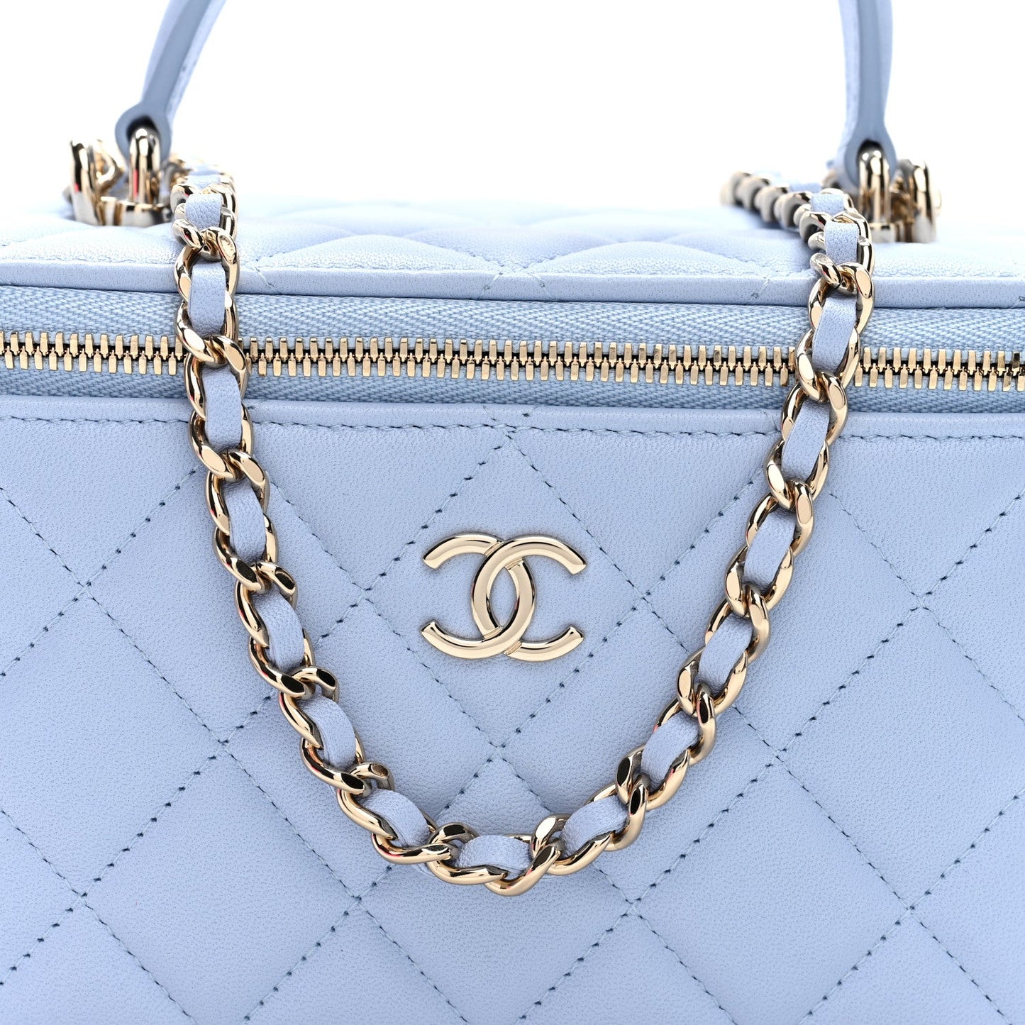 Lambskin Quilted Small Top Handle Vanity Case With Chain Light Blue
