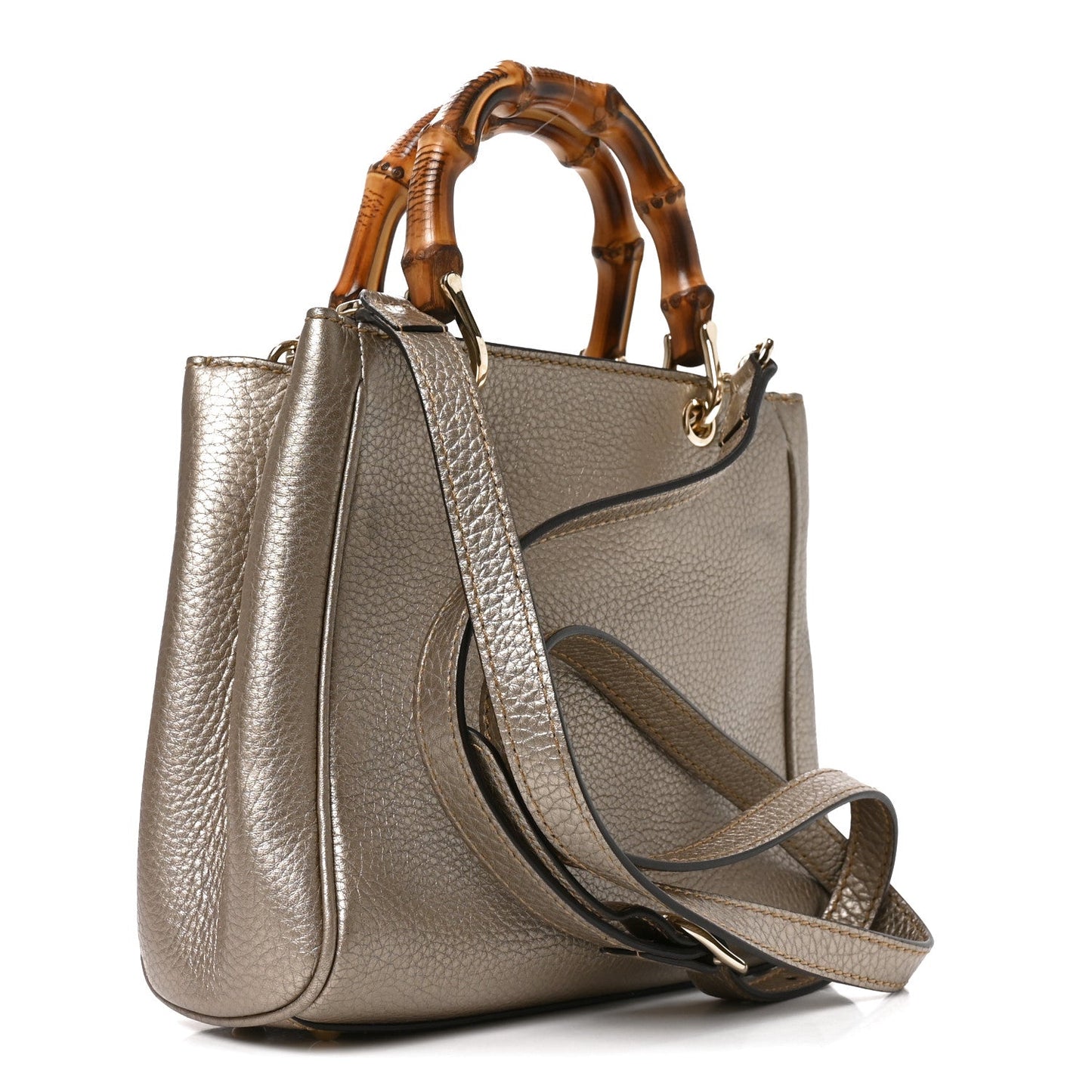 Metallic Calfskin Mini Bamboo Shopper Tote Golden Beige