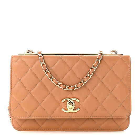 Lambskin Quilted Trendy CC Wallet On Chain WOC Beige