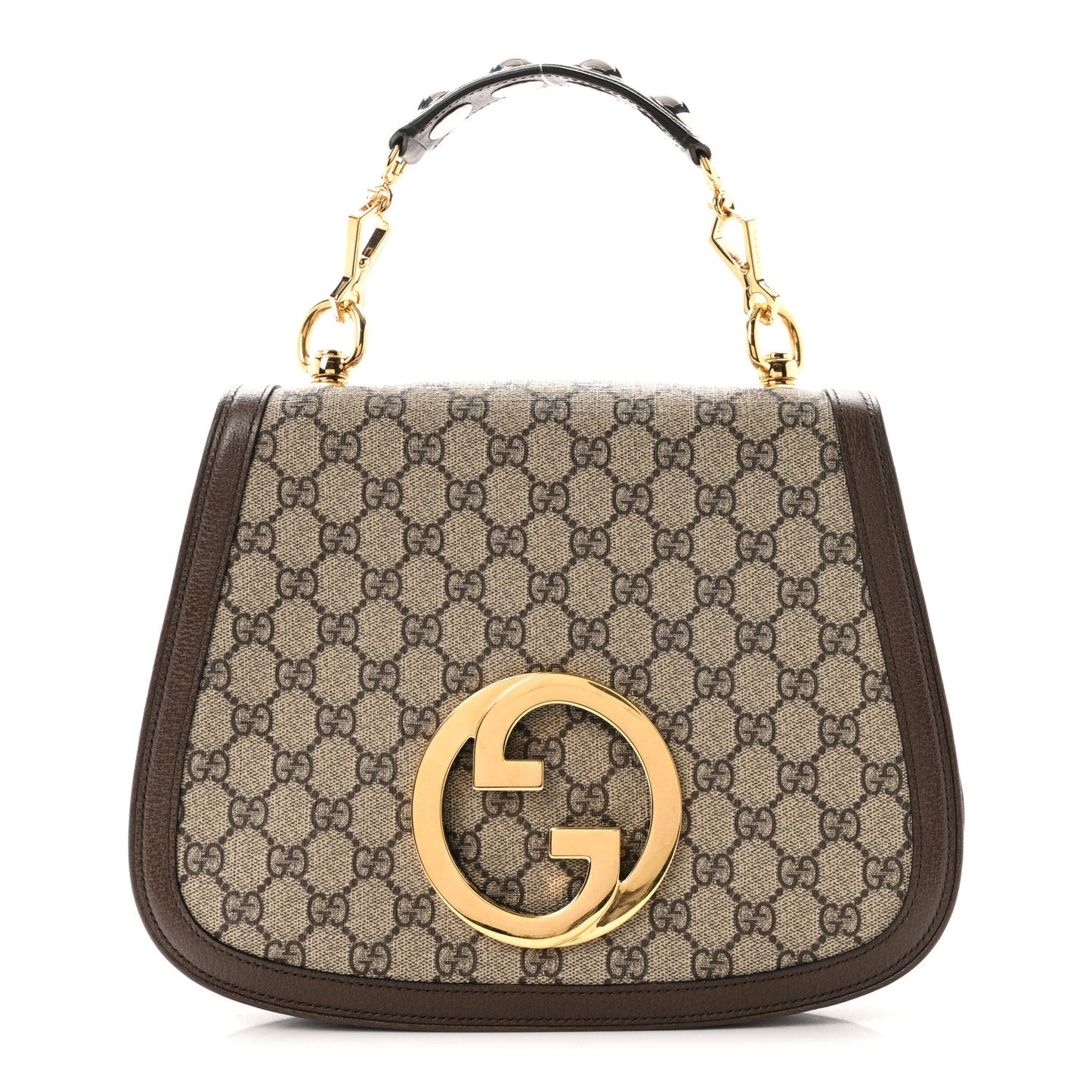 GG Supreme Monogram Textured Dollar Calfskin Web Medium Blondie Top Handle Shoulder Flap Bag Beige Ebony New Acero