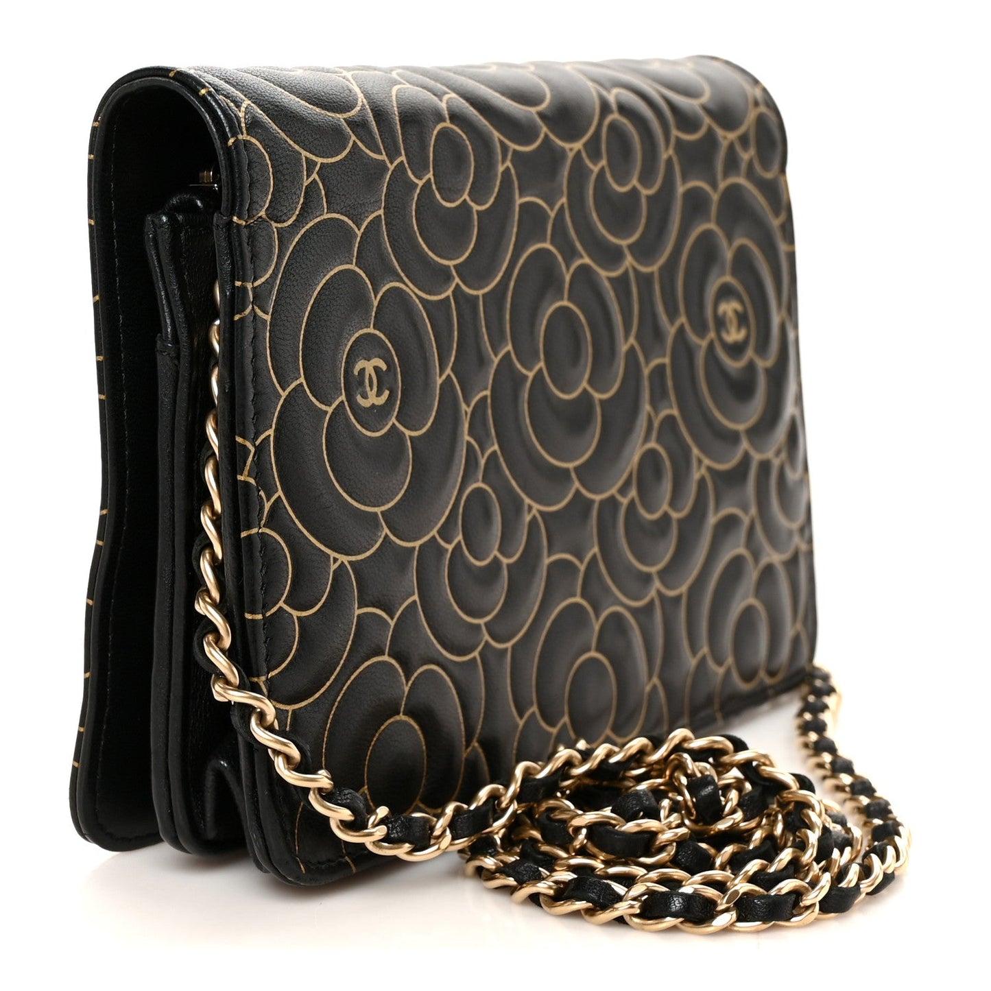 Lambskin Camellia Embossed Wallet On Chain WOC Black Gold