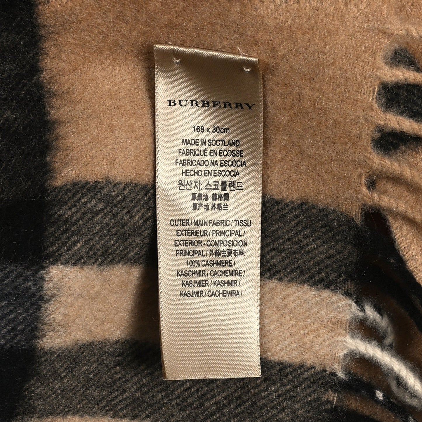 Cashmere Giant Check Fringe Scarf Camel