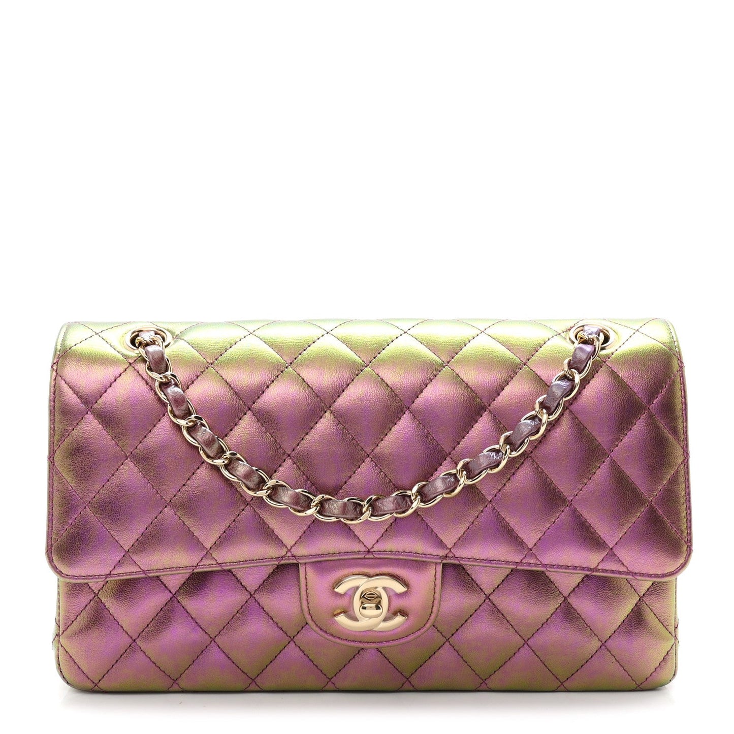 Iridescent Lambskin Quilted Medium Double Flap Purple