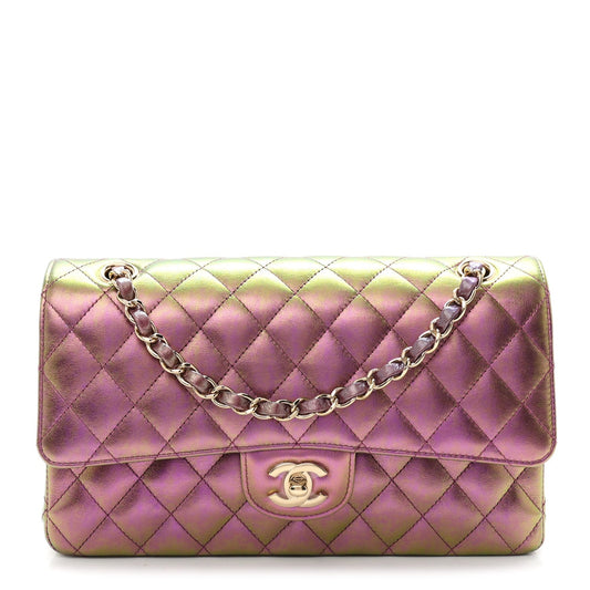 Iridescent Lambskin Quilted Medium Double Flap Purple
