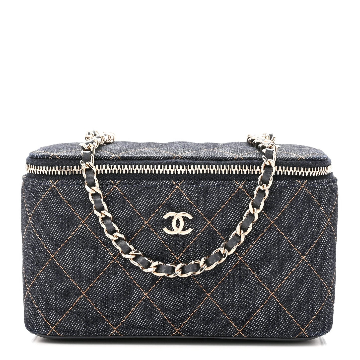 Denim Quilted Small Vanity Case With Chain Dark Blue Orange