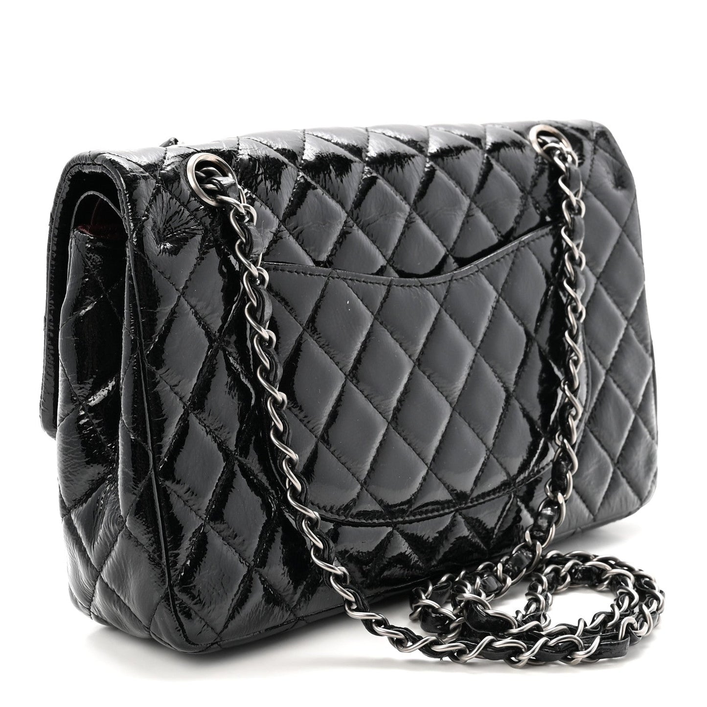 Crumpled Patent Quilted Medium Double Flap Black