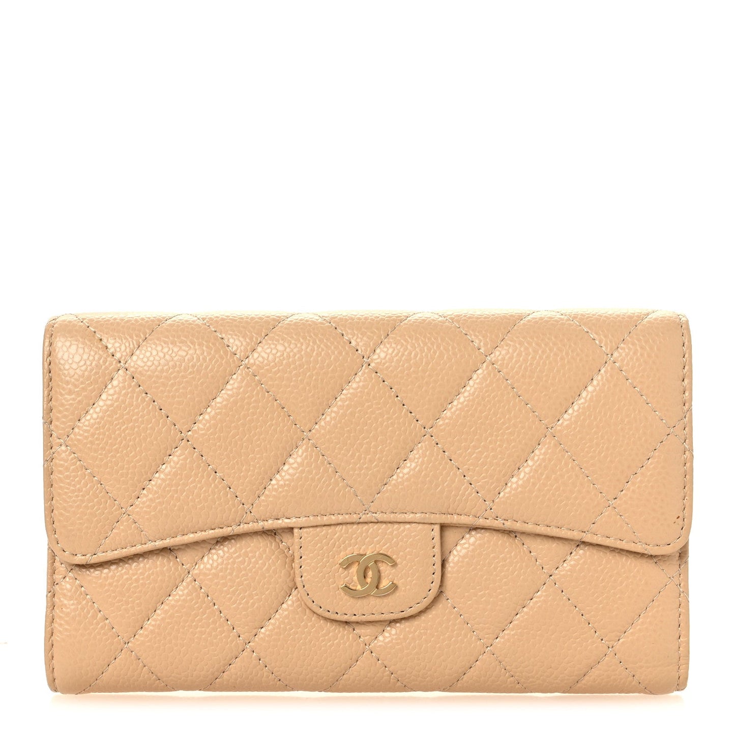 Caviar Quilted Large Gusset Flap Wallet Beige