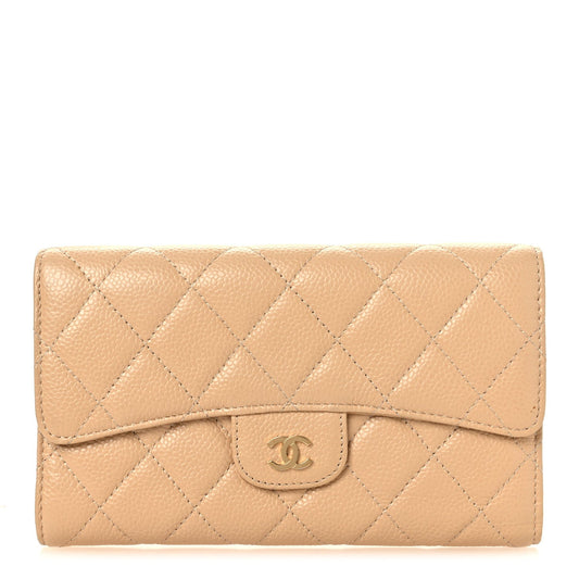 Caviar Quilted Large Gusset Flap Wallet Beige