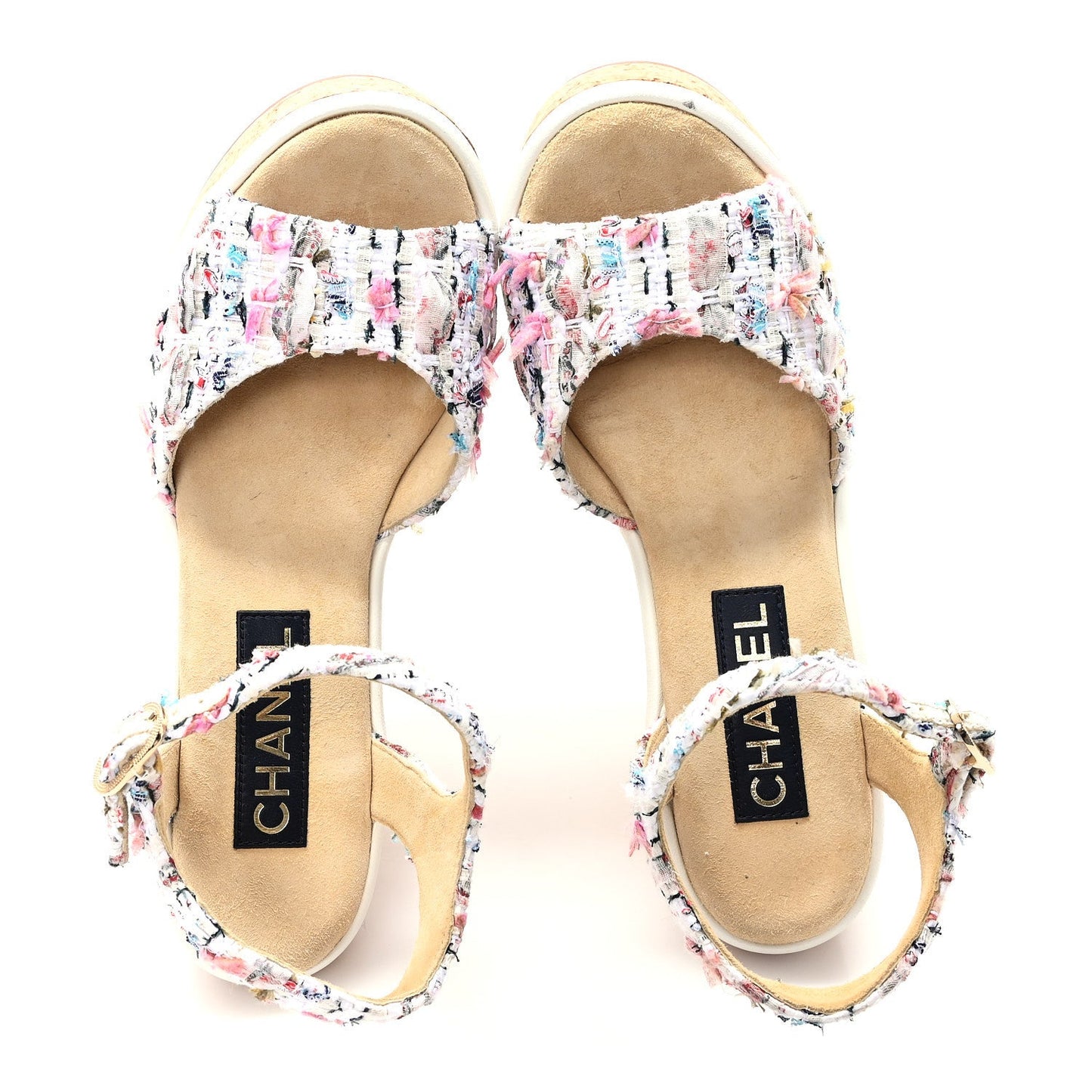 Tweed Cork CC Wedge Sandals 39 Ecru Pink Blue Green