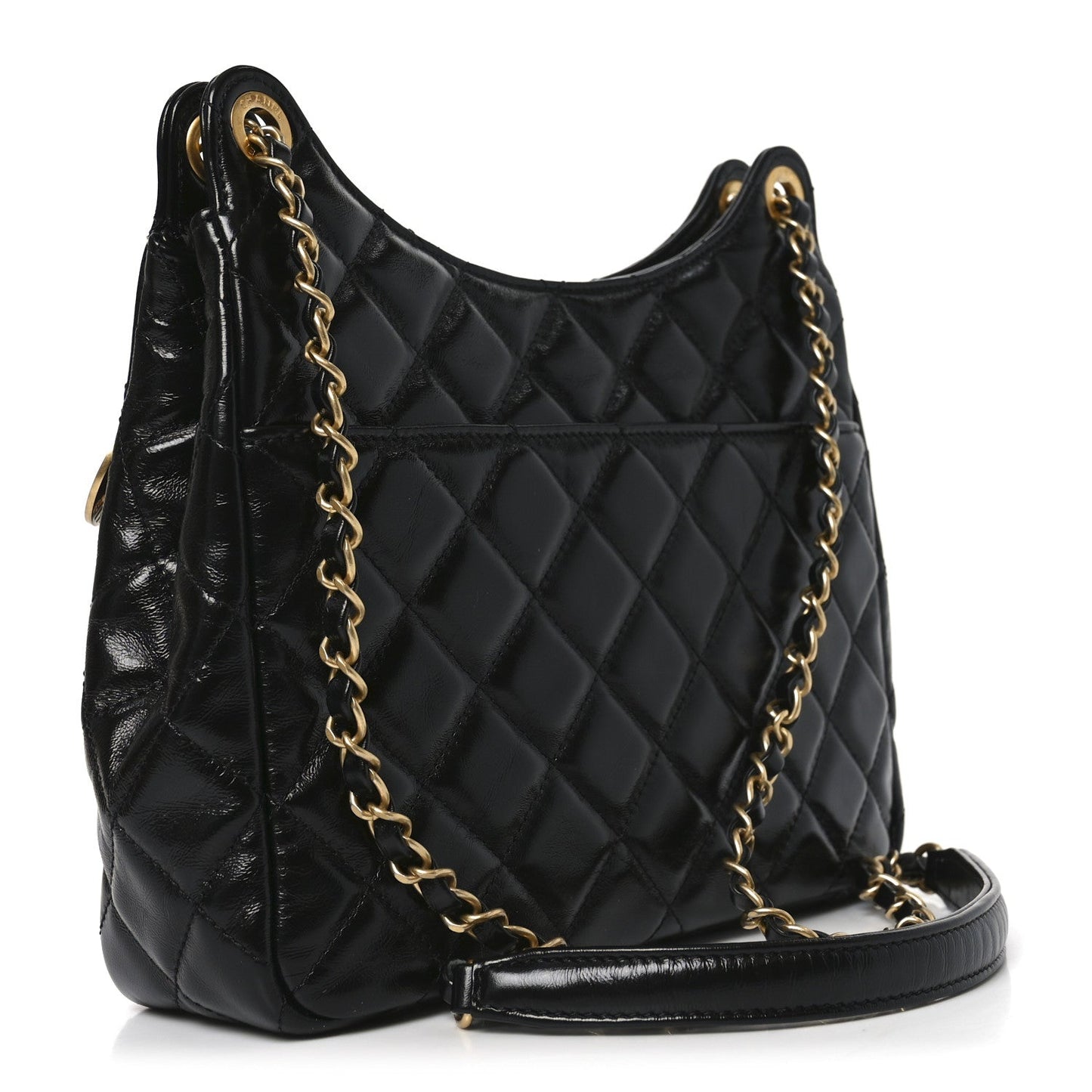 Shiny Crumpled Calfskin Quilted Wavy CC Hobo Black