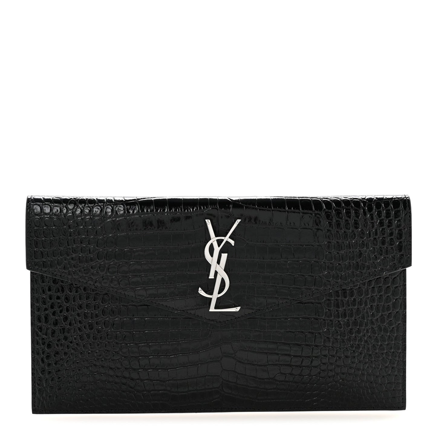 Calfskin Crocodile Embossed Uptown Monogram Clutch Black