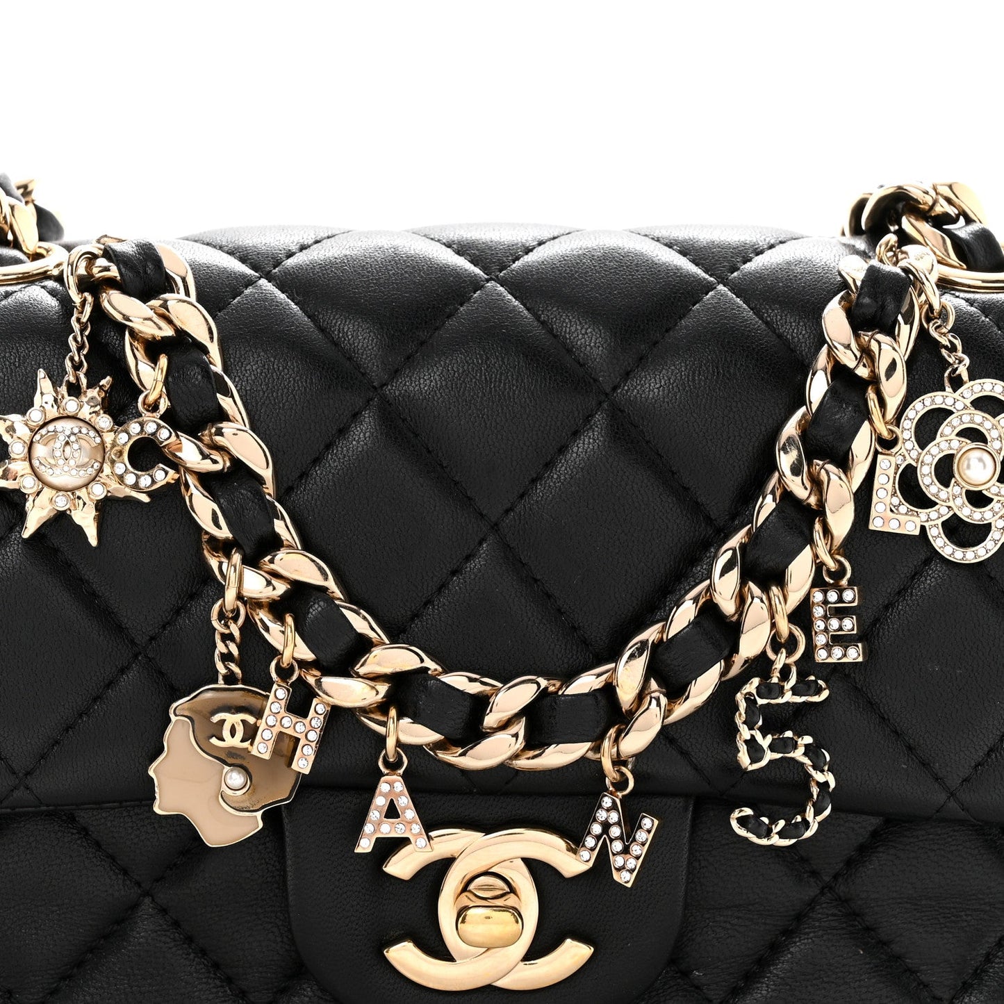 Lambskin Quilted Mini Coco Charms Rectangular Flap Black