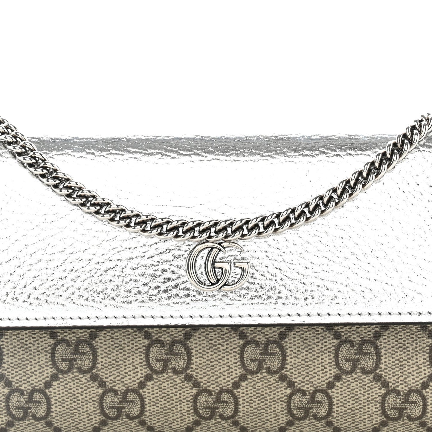 Metallic Calfskin GG Supreme Monogram Petite GG Marmont Wallet Chain Bag Silver Beige Ebony