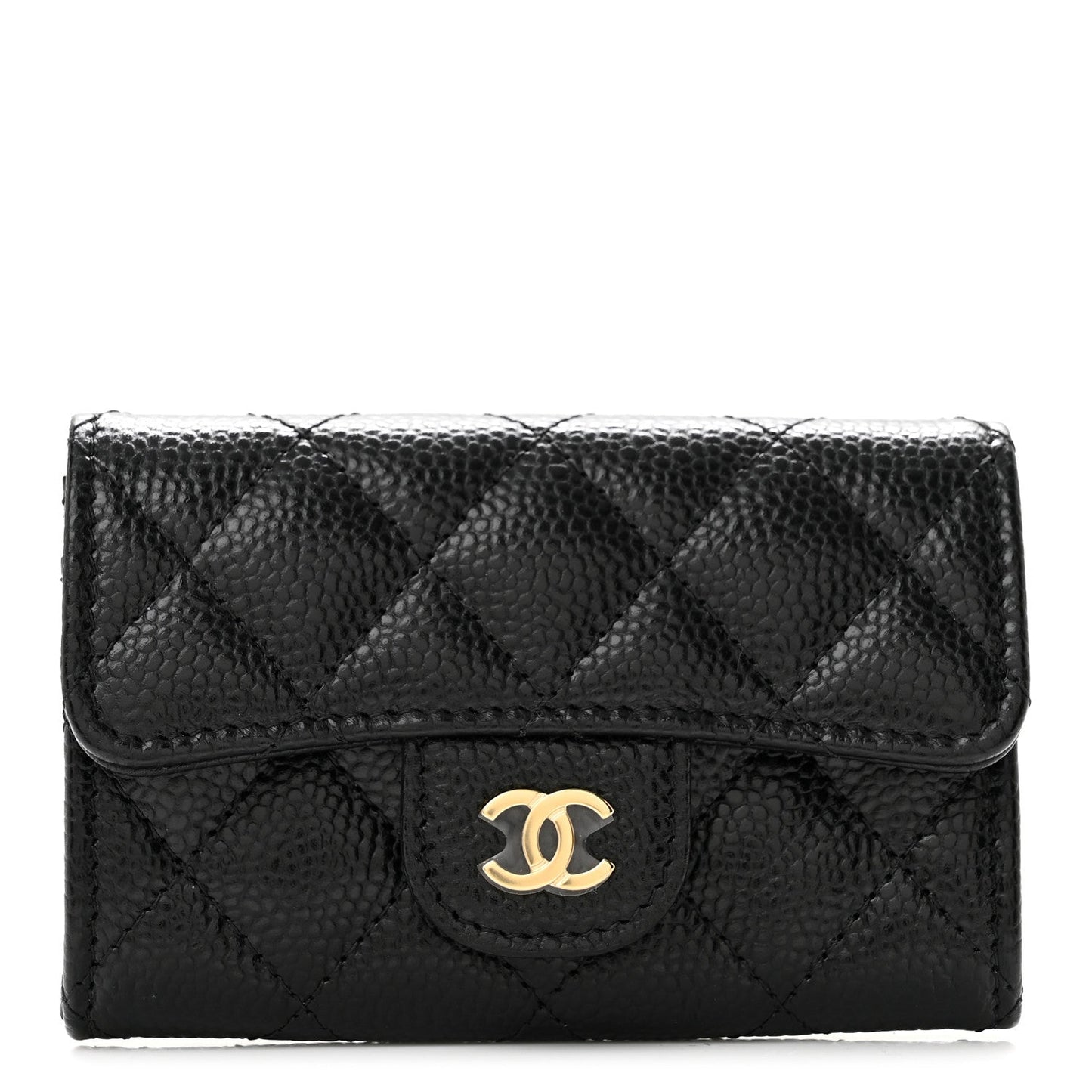 Caviar Quilted Flap Card Holder Wallet Black