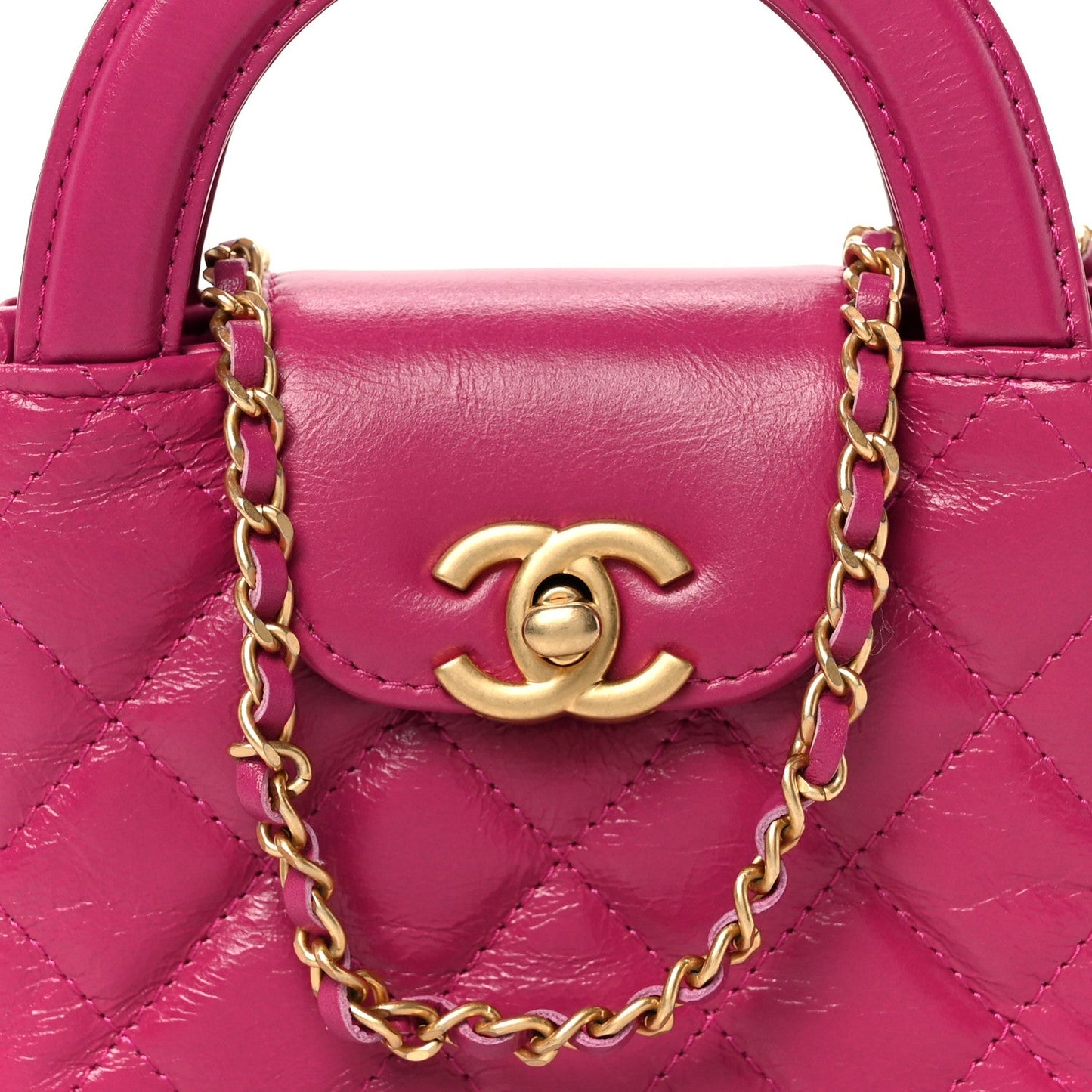 Shiny Aged Calfskin Quilted Mini Nano Kelly Shopper Dark Pink