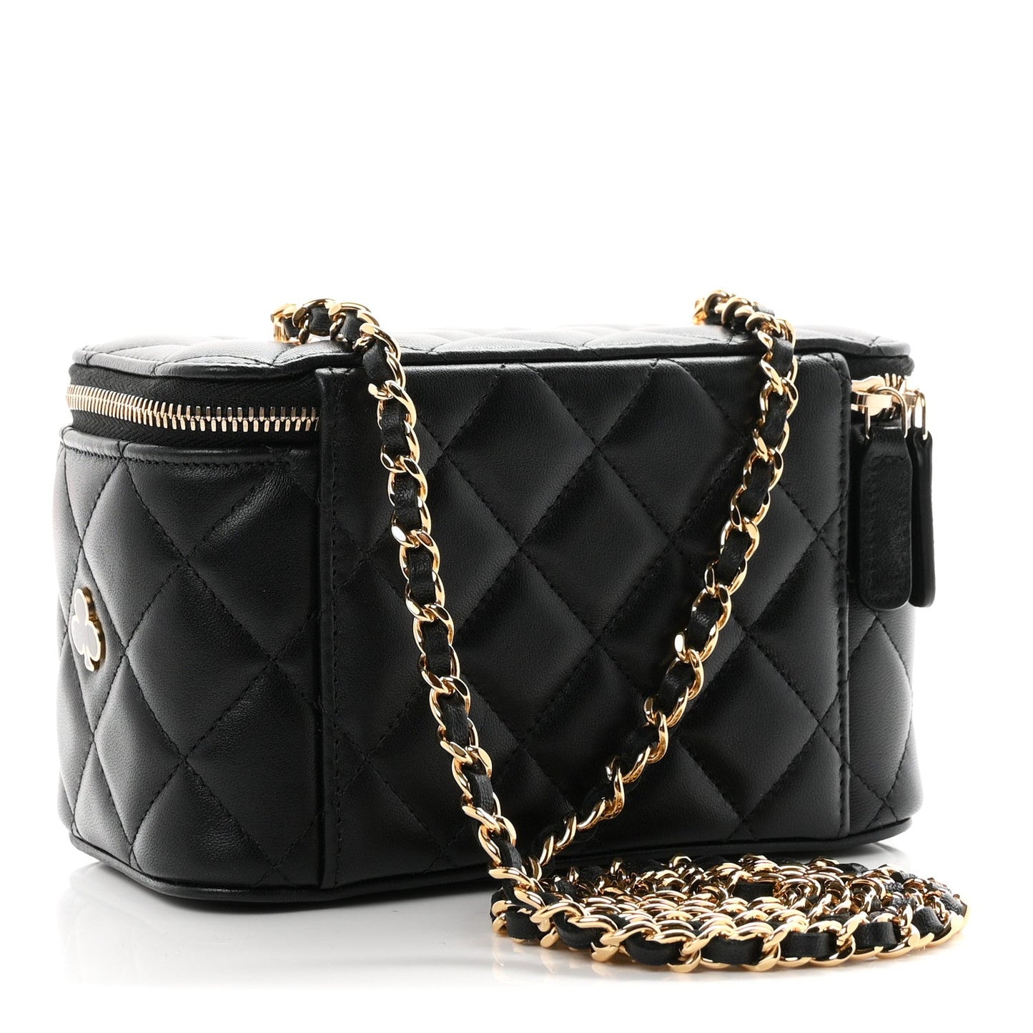Lambskin Quilted Enamel Coco Casino Small Vanity Case With Chain Black