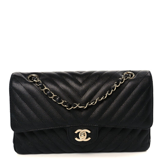 Caviar Chevron Quilted Medium Double Flap Black