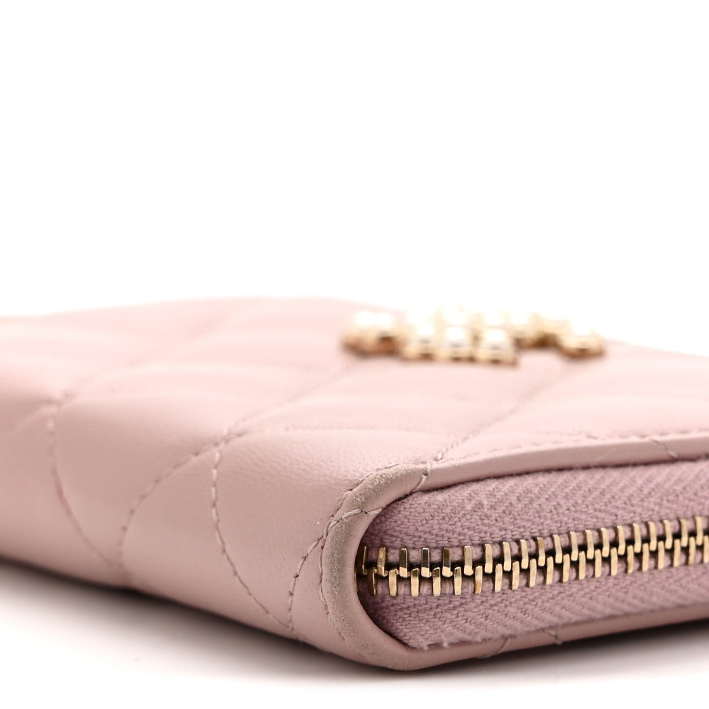 Lambskin Quilted Pearl CC Zip Around Coin Purse Wallet Pink