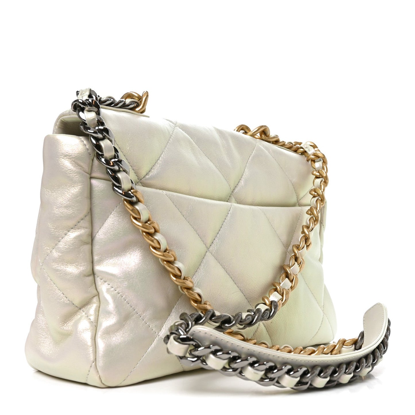Iridescent Calfskin Quilted Large Chanel 19 Flap White