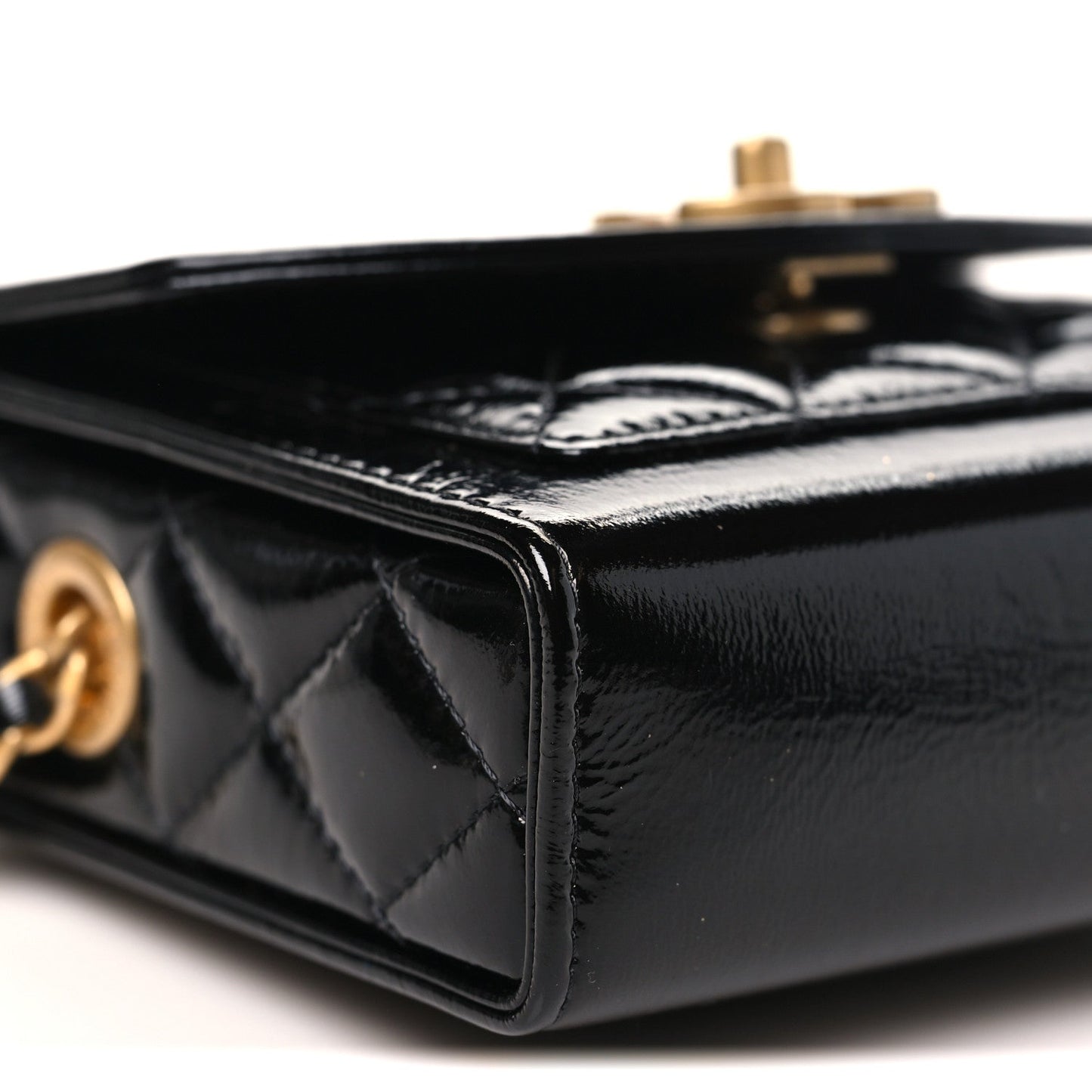 Shiny Lambskin Quilted Top Handle Card Holder On Chain Black