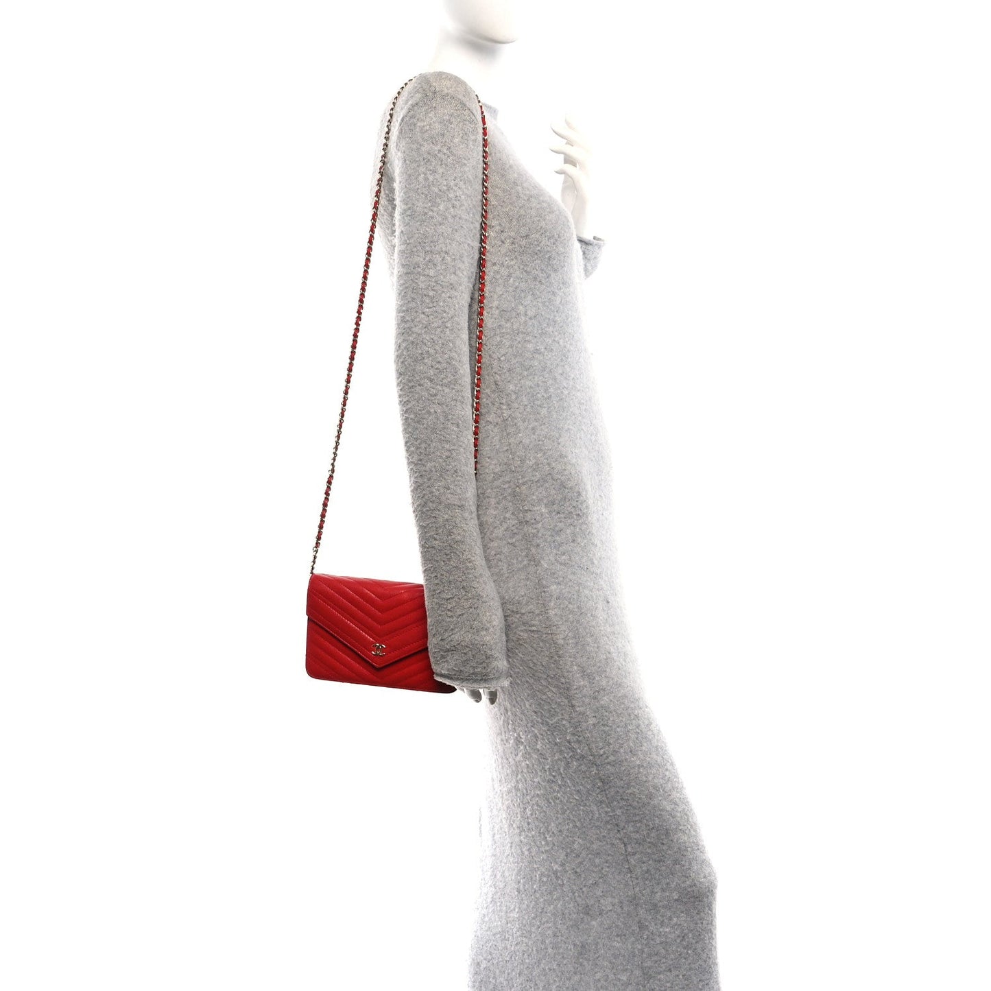 Goatskin Chevron Quilted Statement Wallet On Chain WOC Red