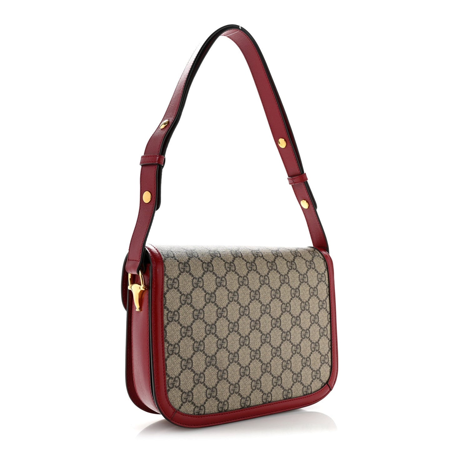 GG Supreme Monogram Azalea Calfskin Horsebit 1955 Shoulder Bag Beige Ebony New Cherry Red