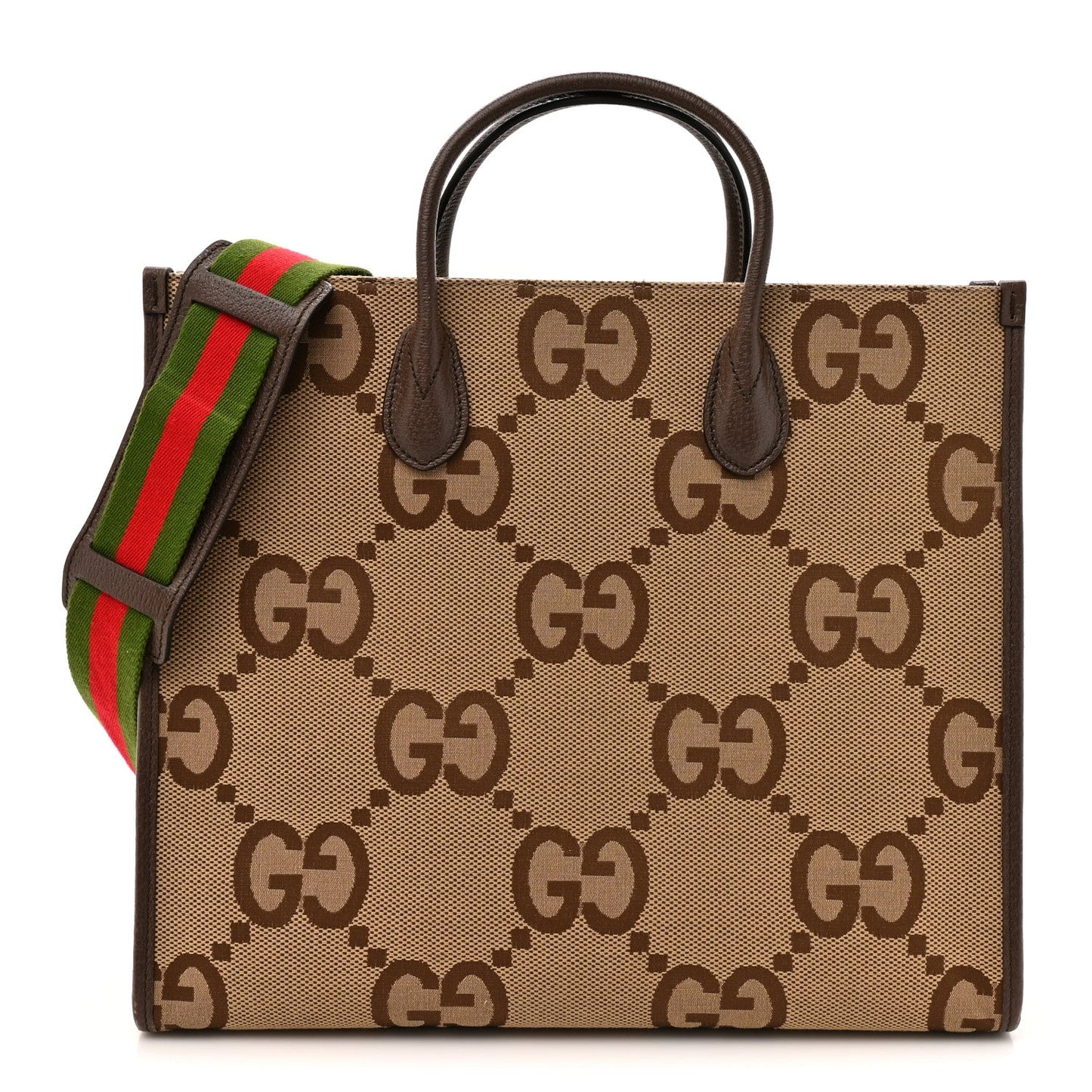 Monogram Jumbo GG Textured Dollar Calfskin Web Tote Bag Camel Ebony New Acero