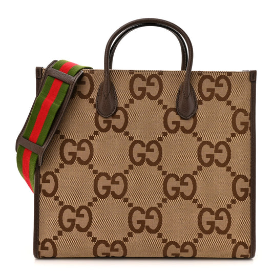 Monogram Jumbo GG Textured Dollar Calfskin Web Tote Bag Camel Ebony New Acero