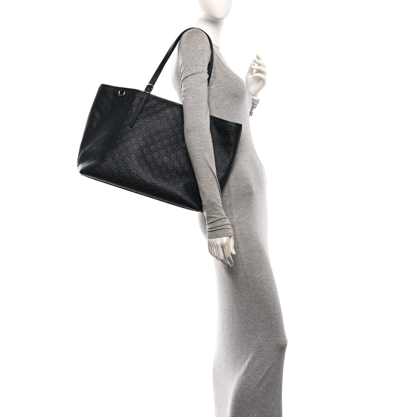 GG Calfskin Embossed Emblem Large Tote Bag Black