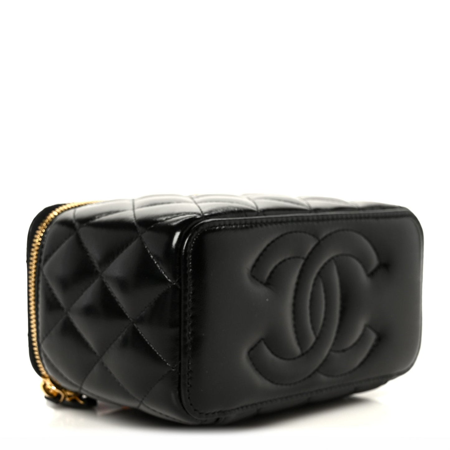 Shiny Lambskin Quilted Small Plexiglass Top Handle Vanity Case With Chain Black Tortoise