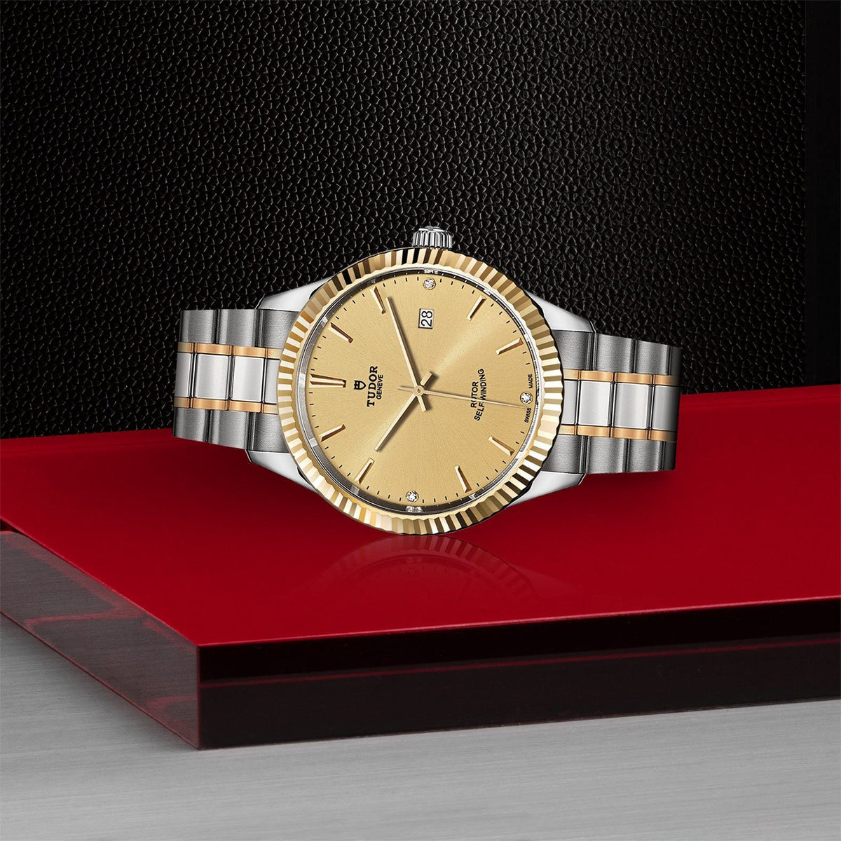 Tudor Style Automatic Diamonds Gold Dial Two Tone Steel Strap Watch for Men - M12713-0007