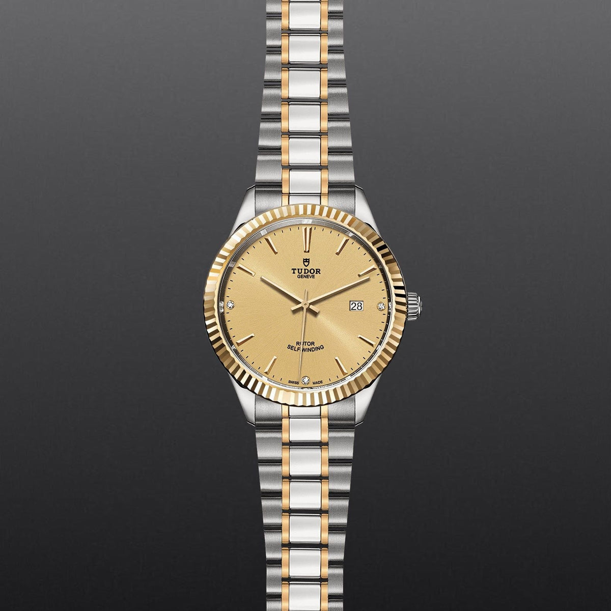 Tudor Style Automatic Diamonds Gold Dial Two Tone Steel Strap Watch for Men - M12713-0007