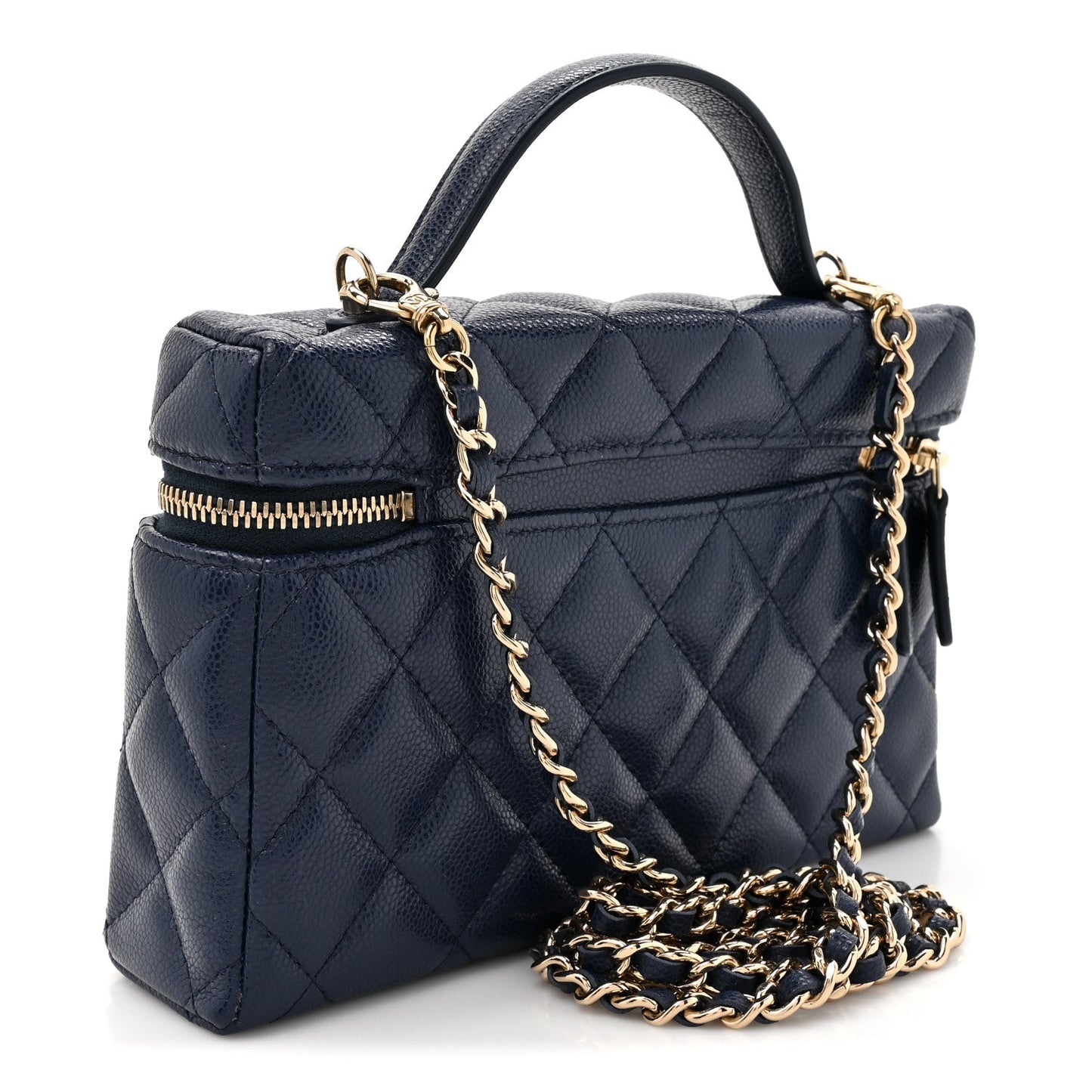 Caviar Quilted Top Handle Slim Vanity With Chain Navy