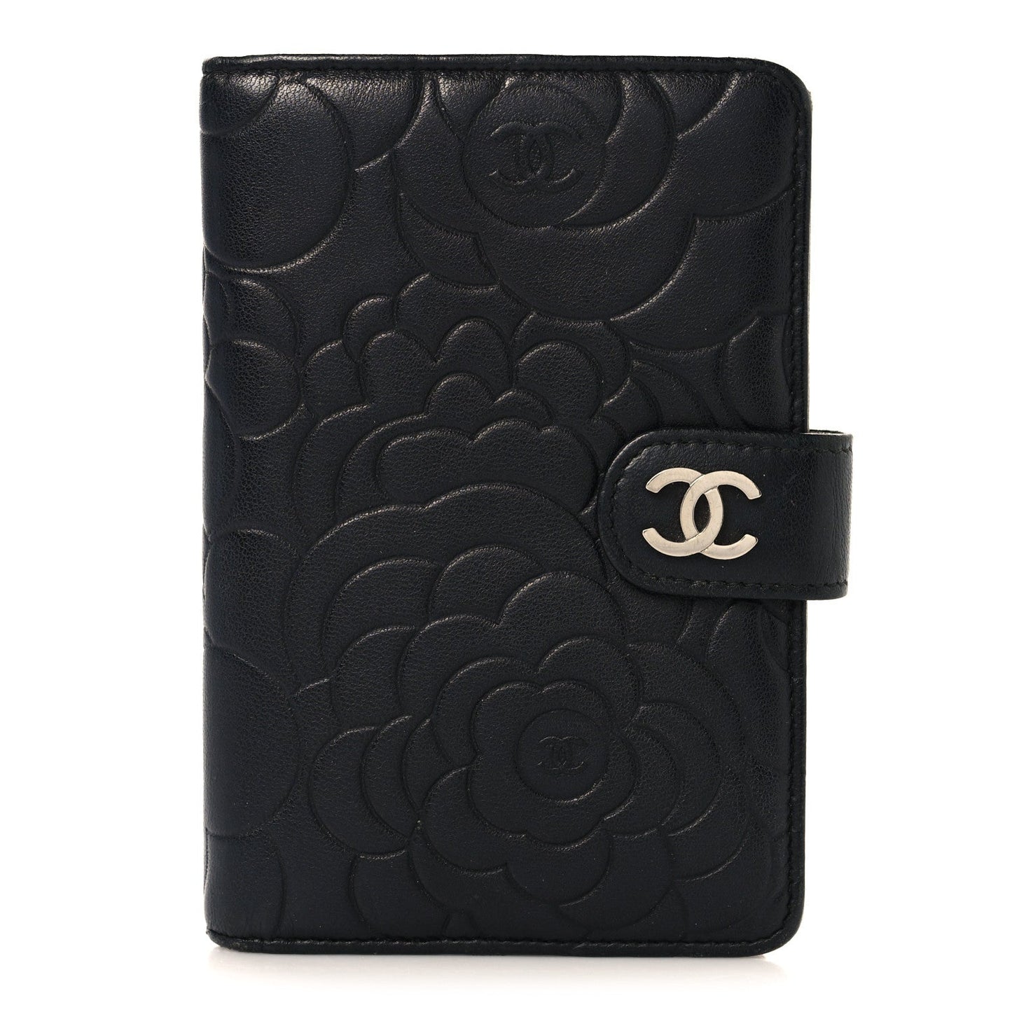 Lambskin Camellia Embossed Zipped Pocket Wallet Black