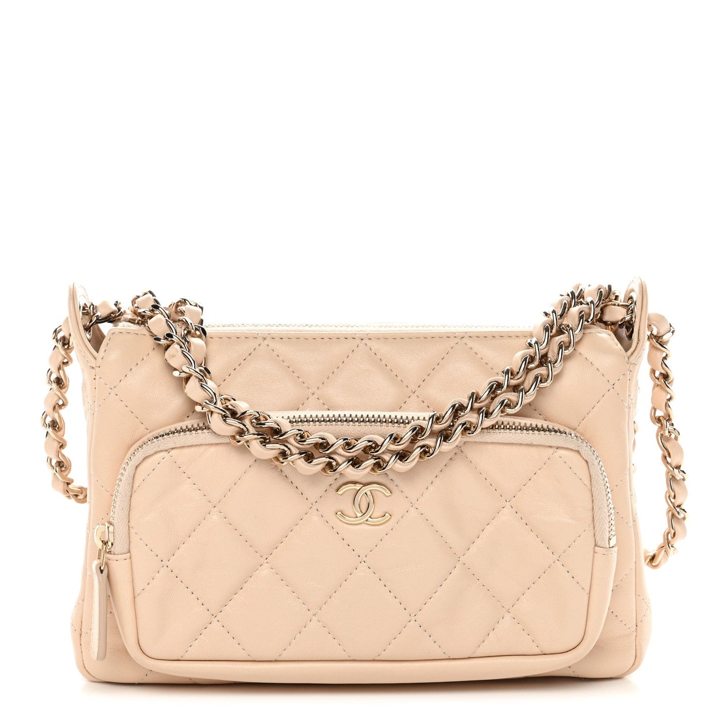 Shiny Crumpled Lambskin Quilted Small Preppy Pocket Clutch With Chain Beige