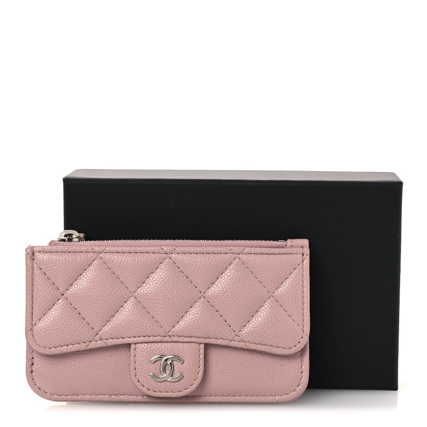 Caviar Quilted Flap Zip Card Holder Light Pink