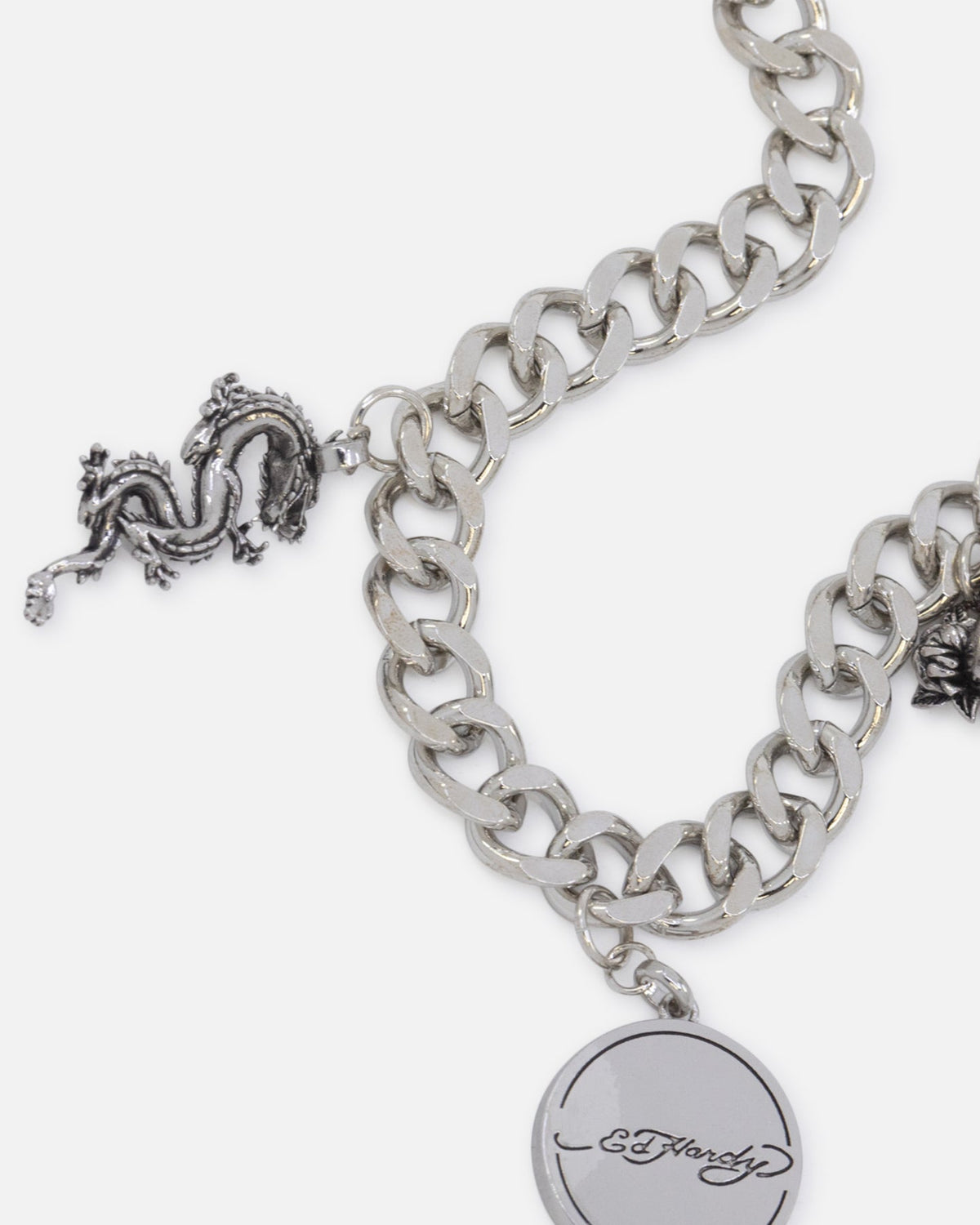Ed Hardy Multi Charm Cuban Chain Necklace Silver