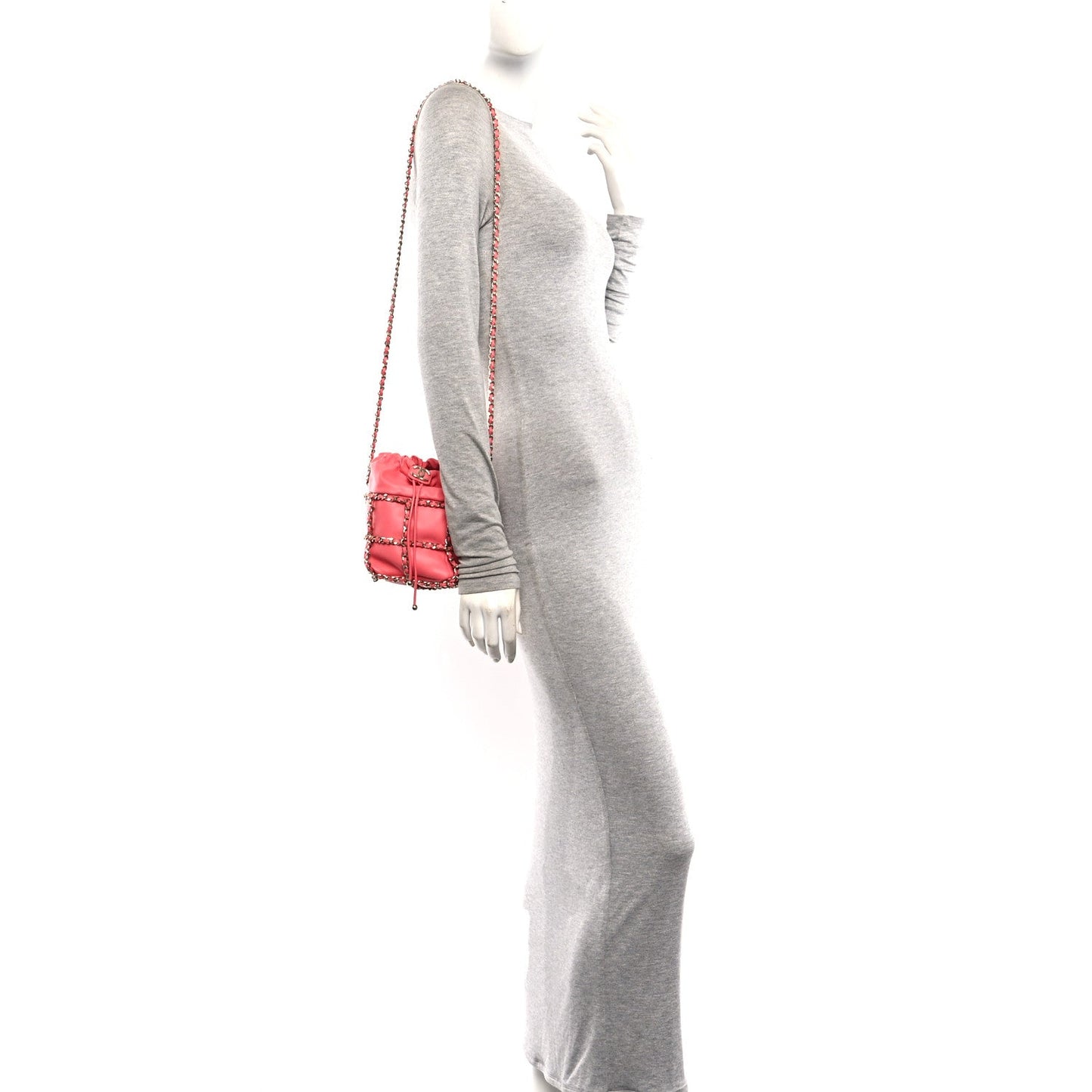 Lambskin Bucket Chain Drawstring Bag Pink