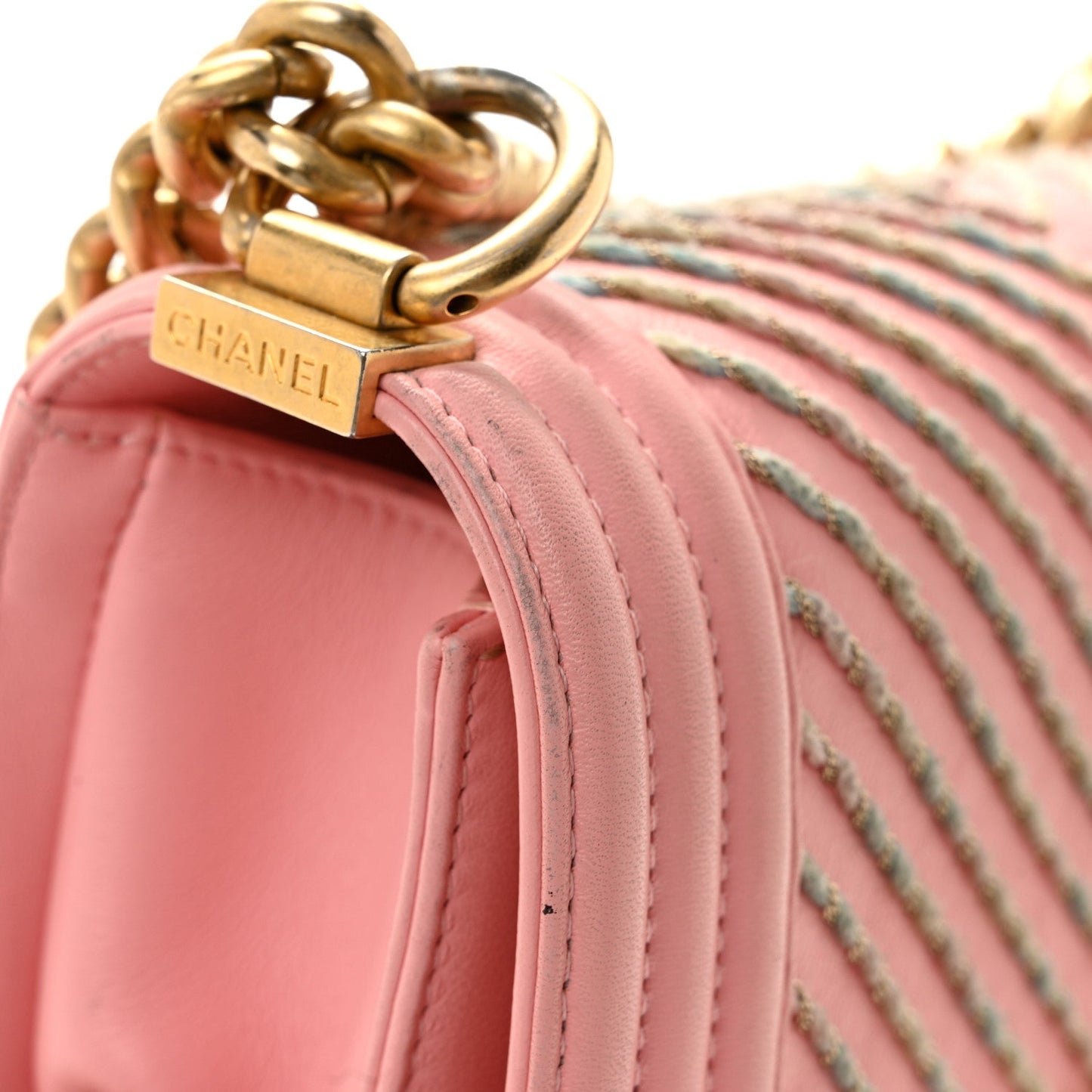 Calfskin Chevron Embroidered Small Boy By The Sea Flap Pink