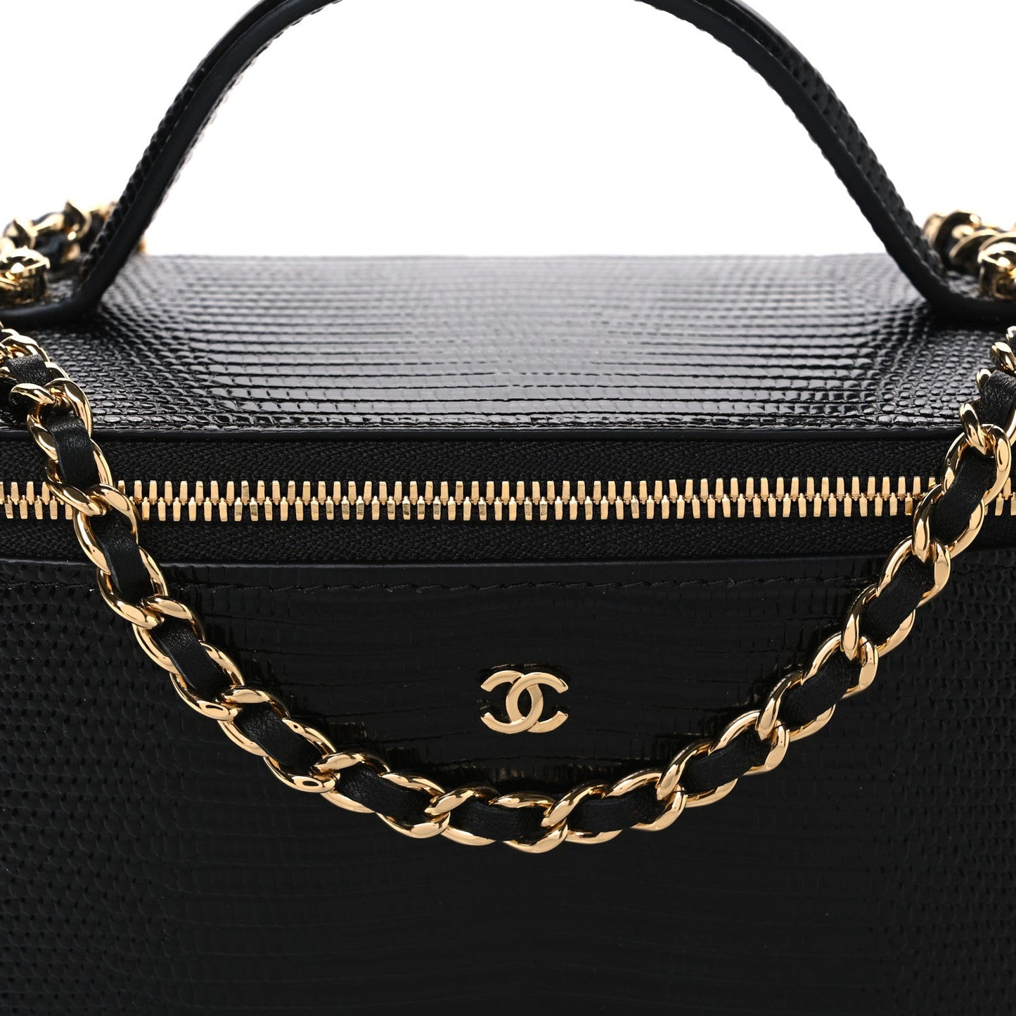 Calfskin Lizard Embossed Top Handle Vanity With Chain Black