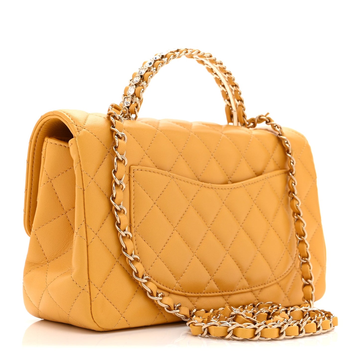 Lambskin Quilted Medium Crystal Top Handle Rectangular Flap Yellow