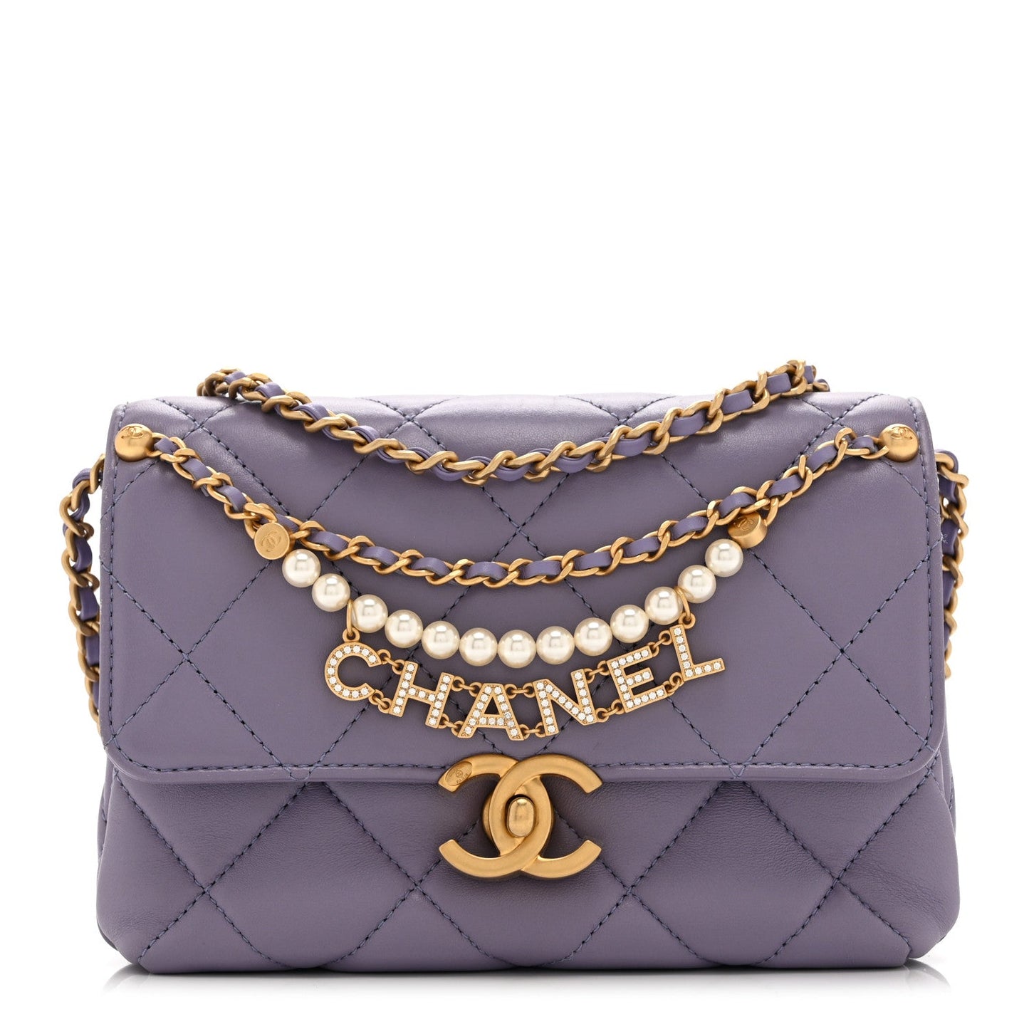 Shiny Lambskin Quilted Mini Pearl Logo Flap Light Purple