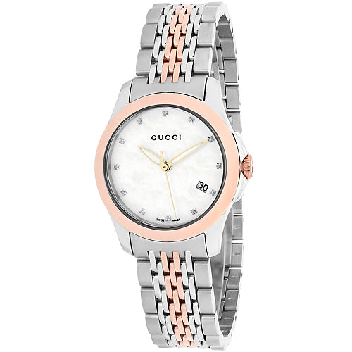 Gucci G Timeless Diamonds Mother of Pearl Dial Two Tone Mesh Bracelet Watch For Women - YA126514