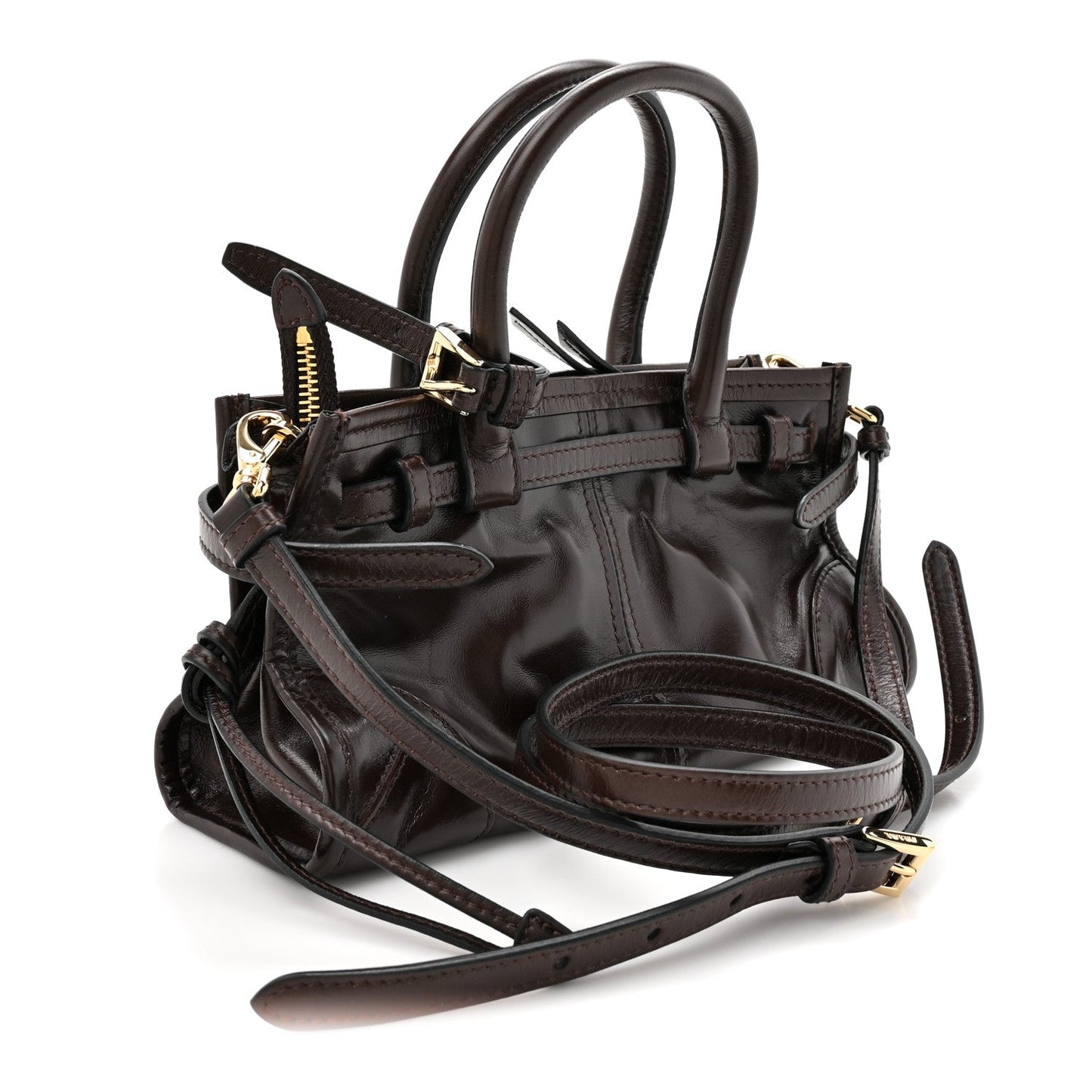 Glossy Calfskin Triangle Mini Bonnie Shoulder Bag Moro